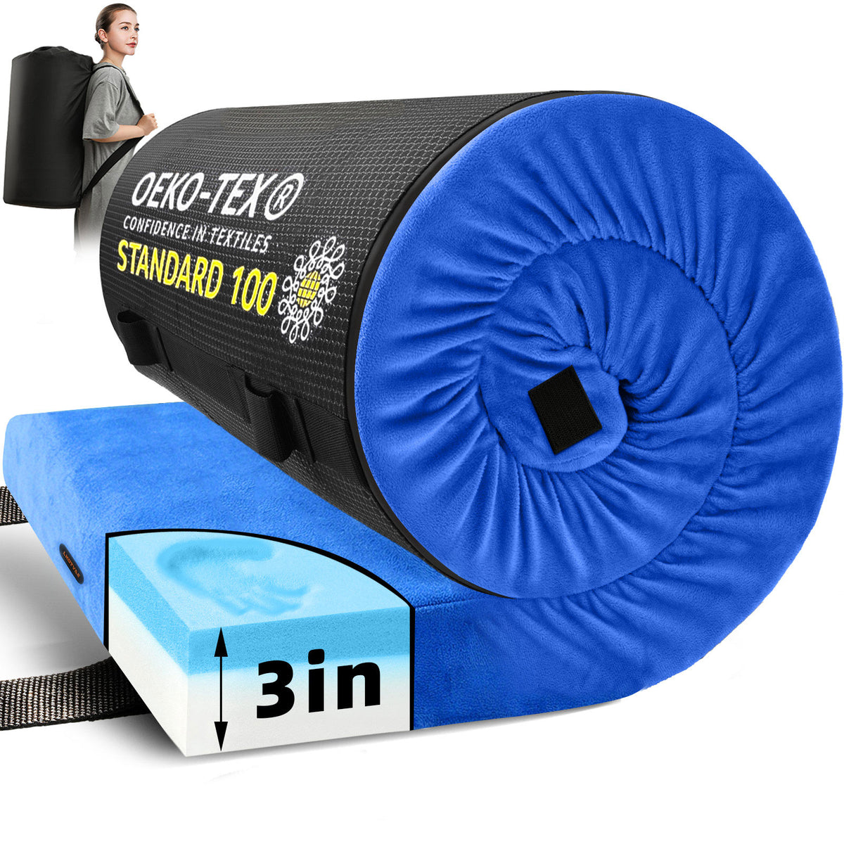 Lxotvae Blue 3 Inch Memory Foam Camping Mattress Pad – Roll‑Up Mat for Cot, Car Camping & Guests