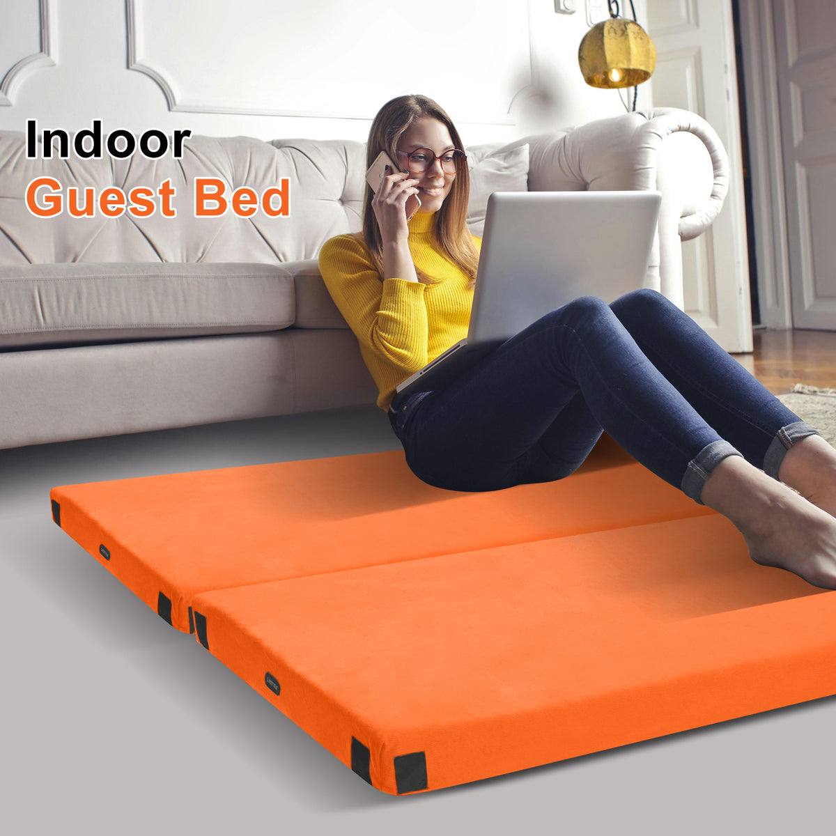 Lxotvae Orange 3‑Inch Memory Foam Camping Mattress Pad – Roll‑Up Mat for Cot, Car Camping & Guests