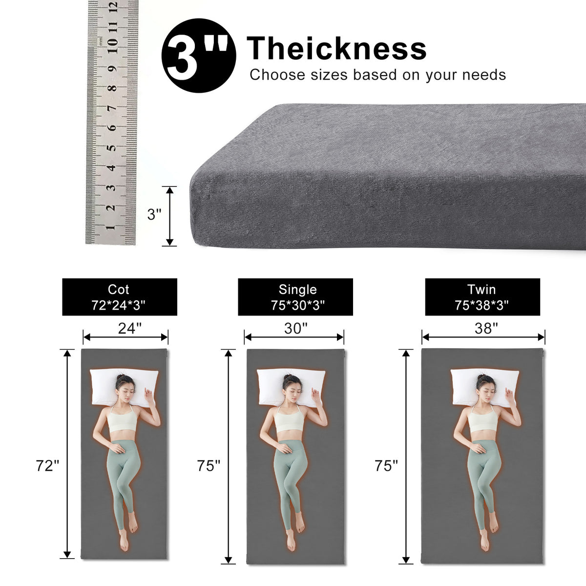 Lxotvae 3 Inch Foam Camping Mattress Pad, Portable Roll‑Up Sleeping Mat for Cot, Guest & Tent Travel