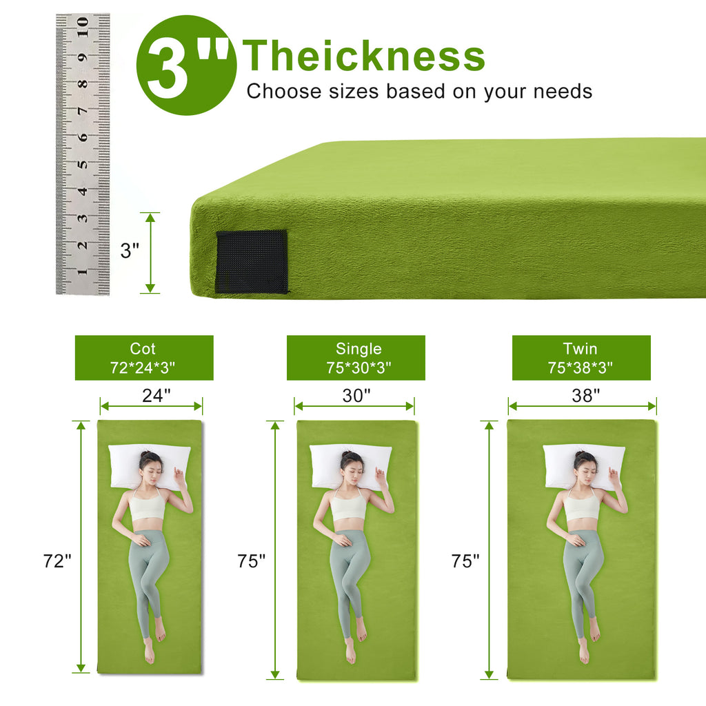 Lxotvae Green 3 Inch Memory Foam Camping Mattress Pad – Roll‑Up Mat for Cot, Car Camping & Guests