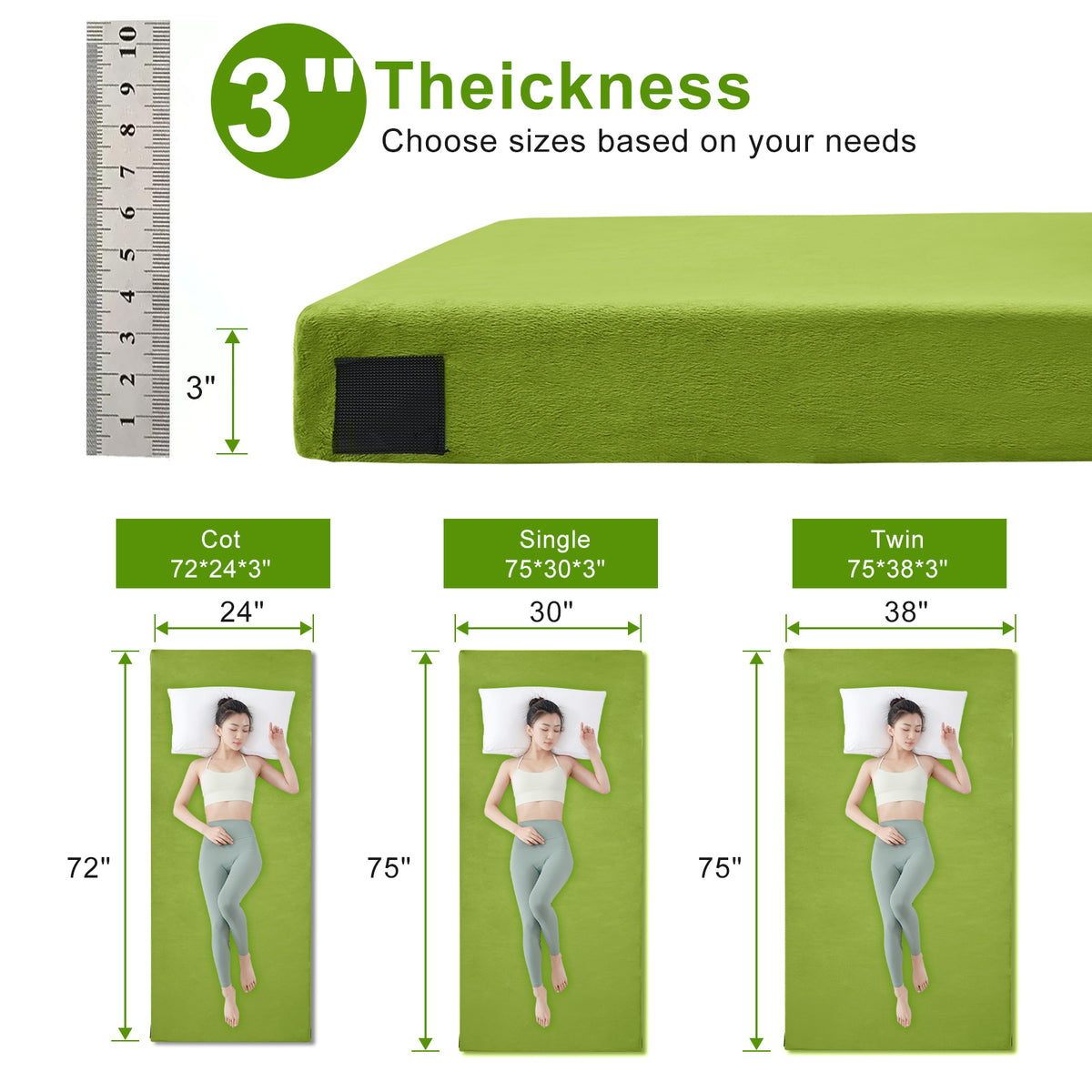 Lxotvae Green 3 Inch Memory Foam Camping Mattress Pad – Roll‑Up Mat for Cot, Car Camping & Guests