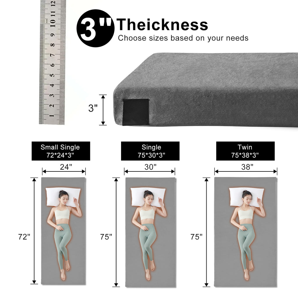 Lxotvae Gray 3‑Inch Memory Foam Camping Mattress Pad – Roll‑Up Mat for Cot, Car Camping & Guests