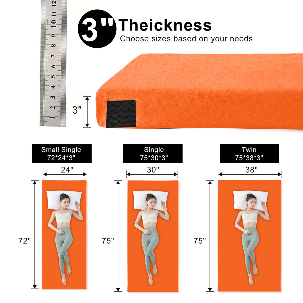 Lxotvae Orange 3‑Inch Memory Foam Camping Mattress Pad – Roll‑Up Mat for Cot, Car Camping & Guests