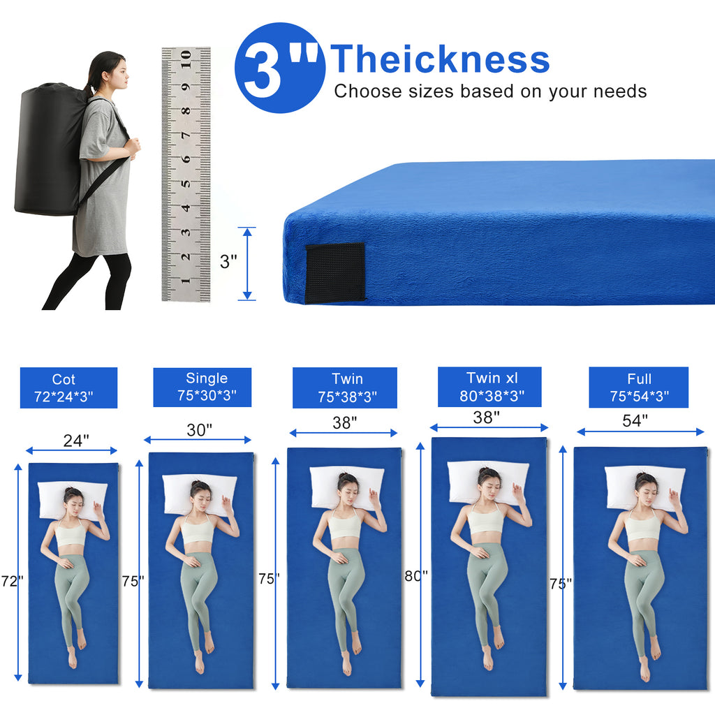 Lxotvae Blue 3 Inch Memory Foam Camping Mattress Pad – Roll‑Up Mat for Cot, Car Camping & Guests