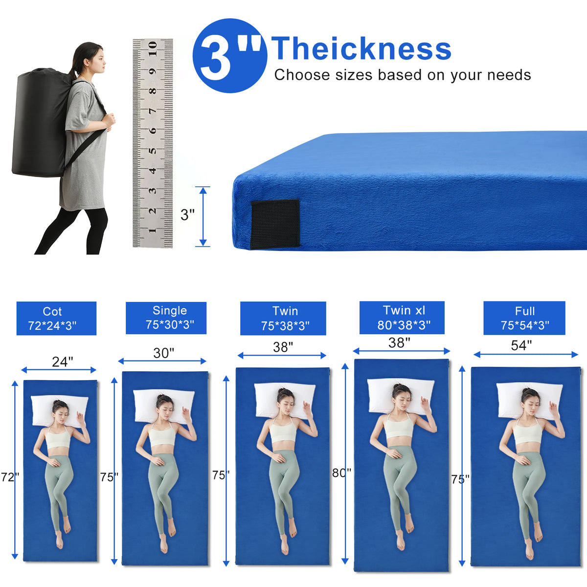 Lxotvae Blue 3 Inch Memory Foam Camping Mattress Pad – Roll‑Up Mat for Cot, Car Camping & Guests